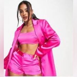 As You Womens Hot Pink Satin Oversized Blazer with Crop Top Coord Set